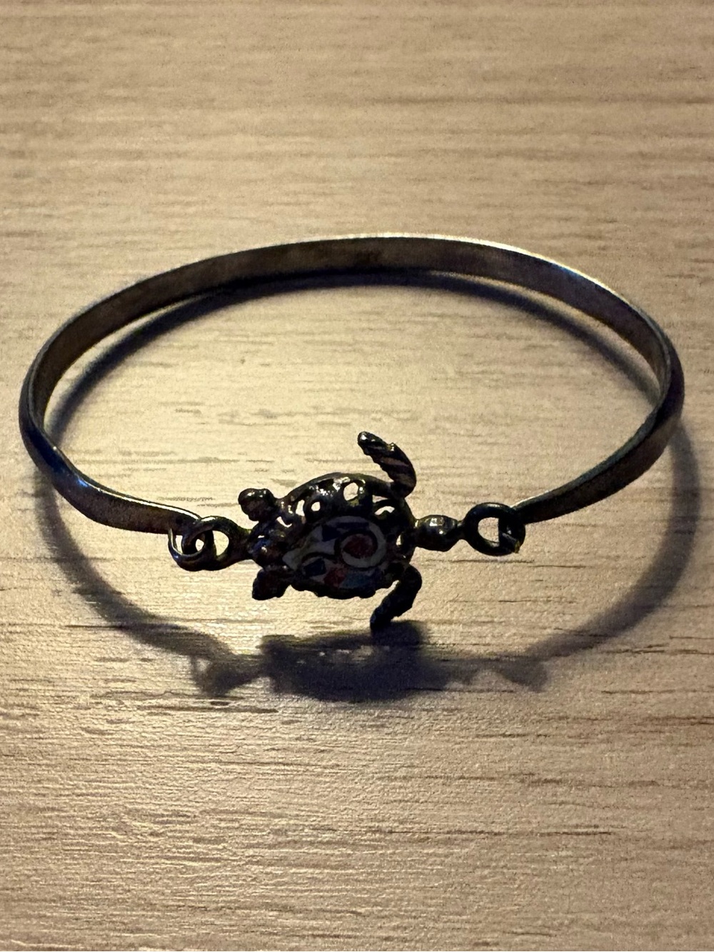 Turtle Charm Bangle Bracelet — Silver Tone with Enamel Accent